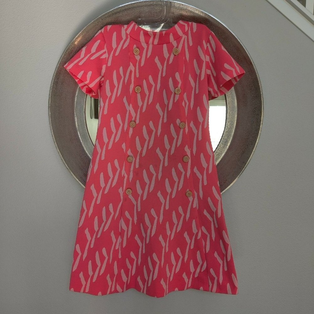 Vintage Dress Pink Shift Short Sleeve High Neck Button Detail Mod